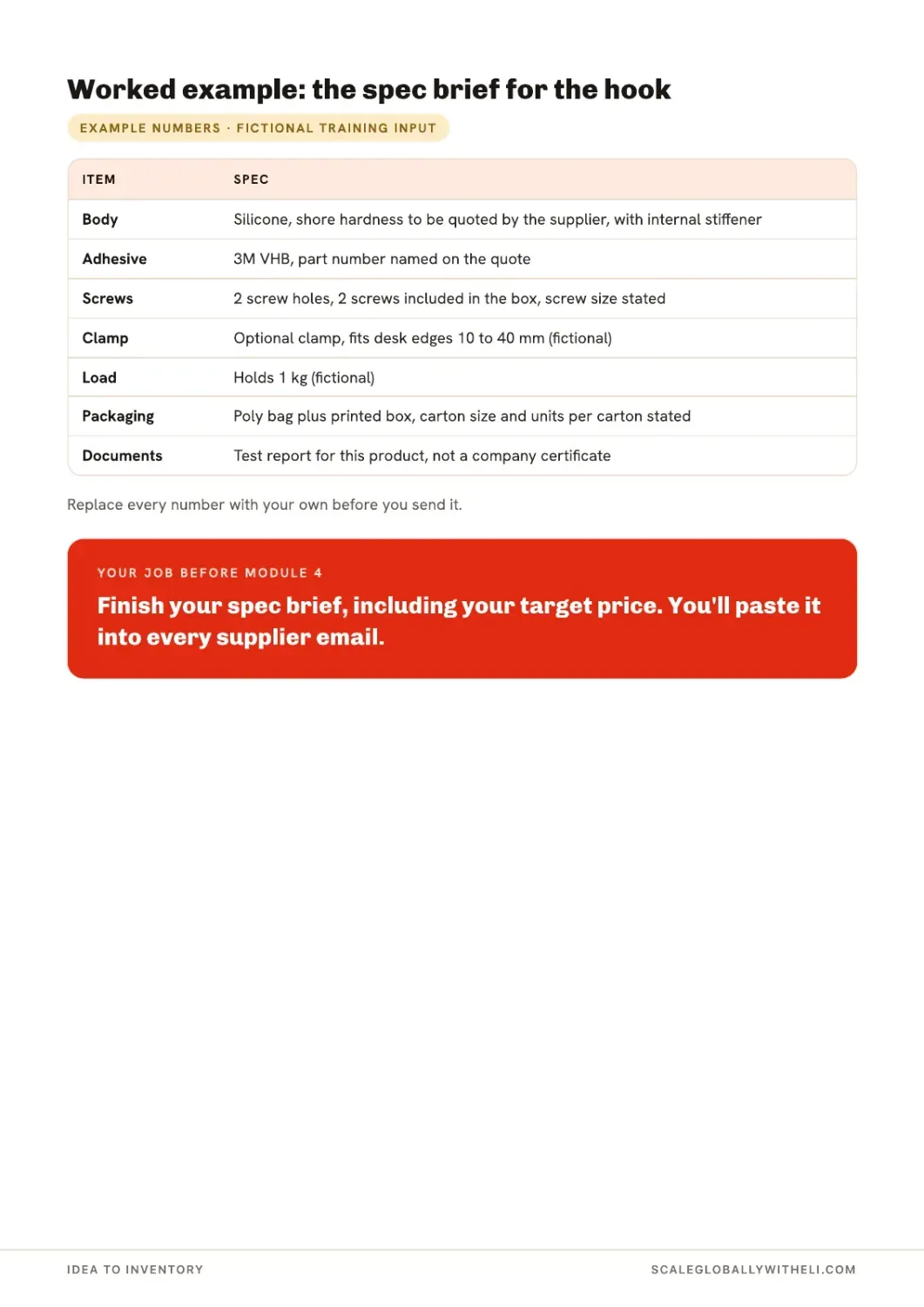 Course page showing the headphone-hook specification brief and sample requirements.