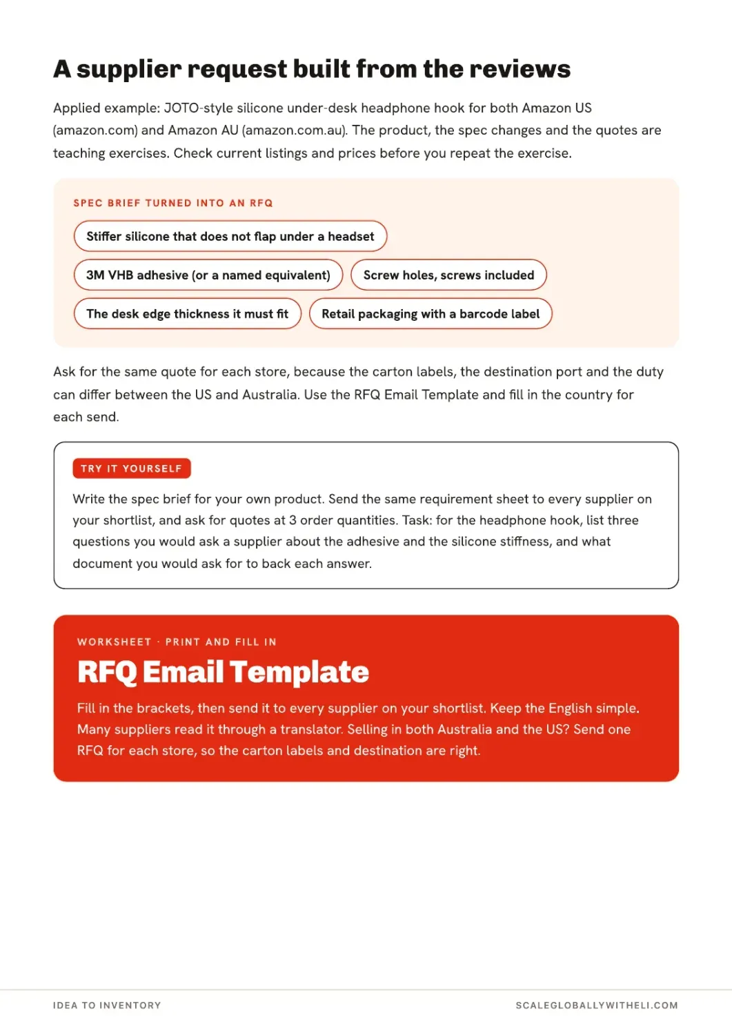 Course page turning proposed headphone-hook improvements into a supplier quote request.