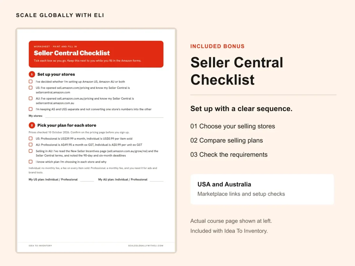 Seller Central Checklist with USA and Australia setup checks and selling-plan links.