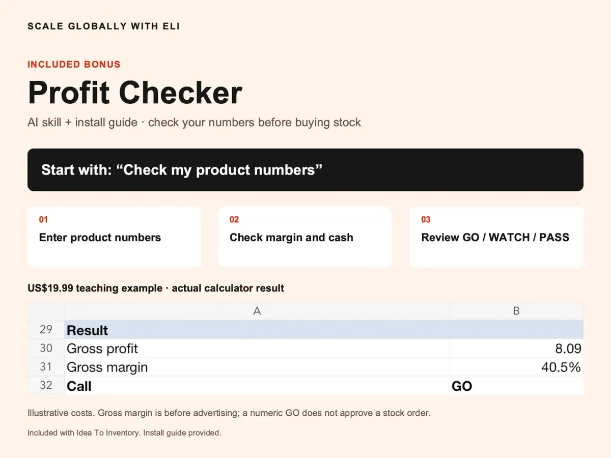 Profit Checker workflow and install guide, with a US$19.99 teaching example showing US$8.09 gross profit, 40.5% gross margin and GO.