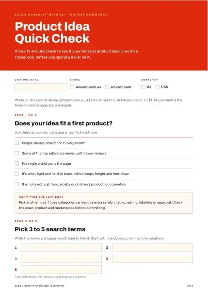 Actual first page of the Product Idea Quick Check scorecard